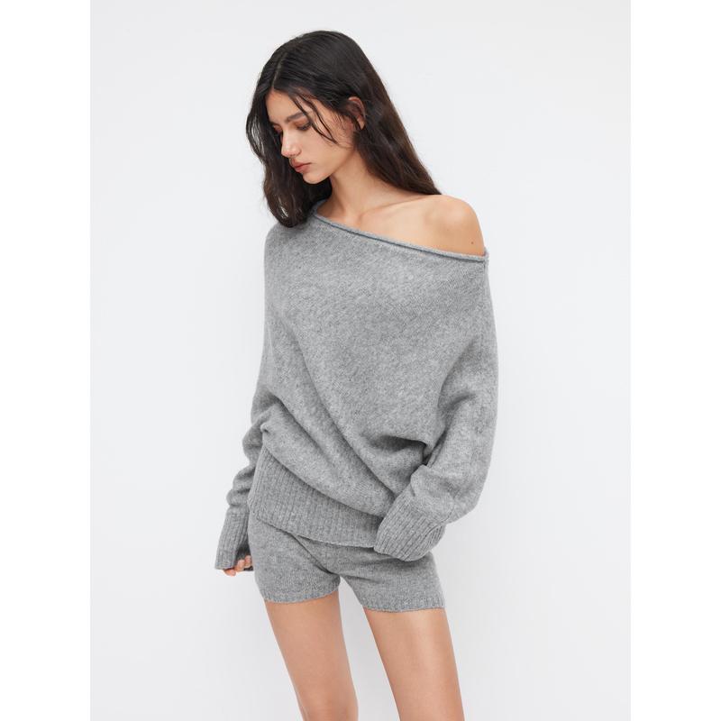 Off-Shoulder Textured Knit Sweater & Low-Waisted Tailored Shorts Co-ord