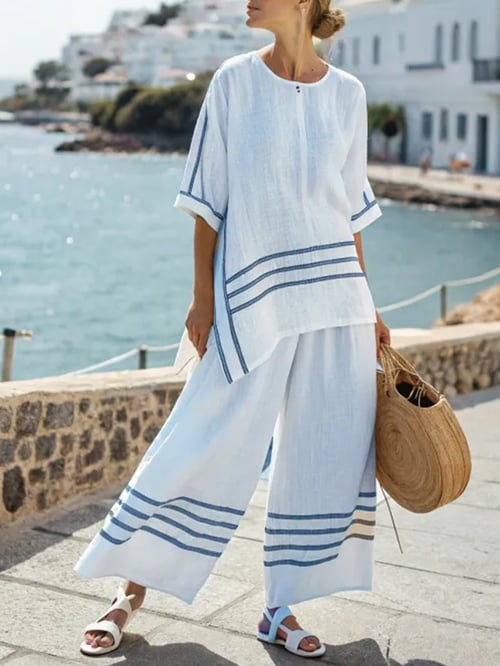 Ladies' Summer Loose Slit Irregular Striped Pants Set - MYSTERYBOXS