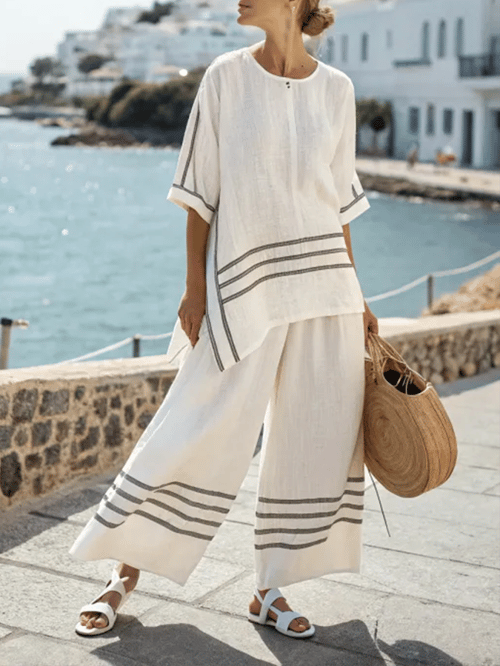 Ladies' Summer Loose Slit Irregular Striped Pants Set - MYSTERYBOXS