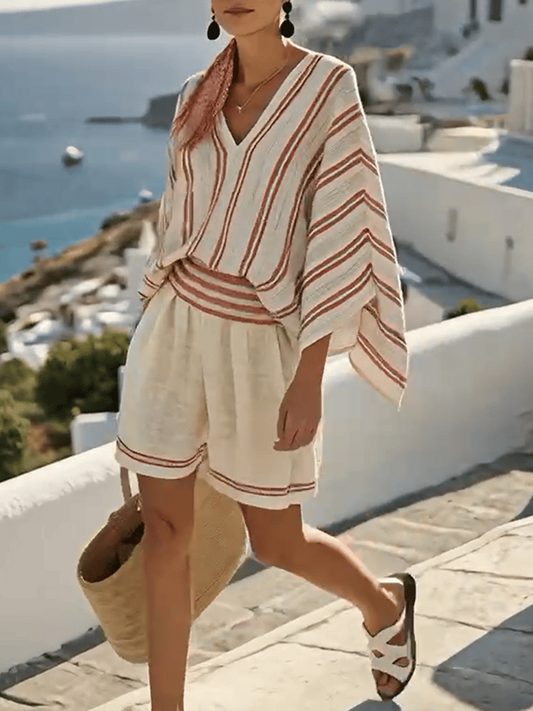 Women Summer Loose Striped Holiday Shorts Set - MYSTERYBOXS