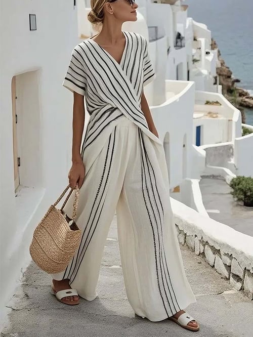 Women Summer Loose Striped Resort Pants Set - MYSTERYBOXS