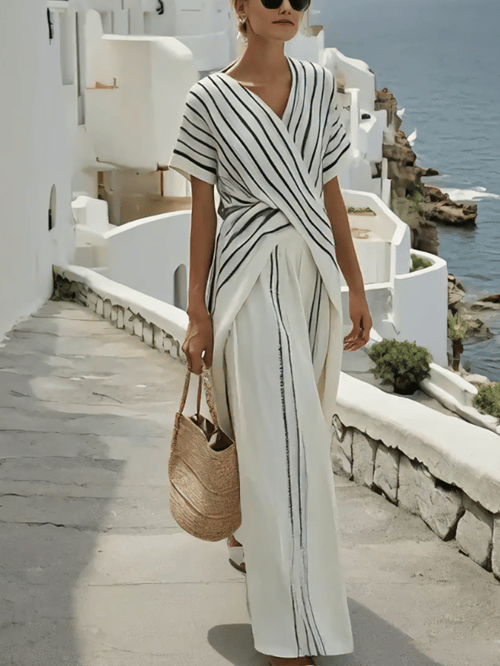 Women Summer Loose Striped Resort Pants Set - MYSTERYBOXS