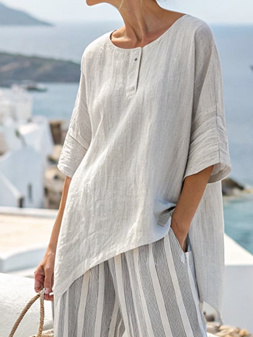 Women Summer Loose Striped Casual Elastic Waist Pants Set - MYSTERYBOXS