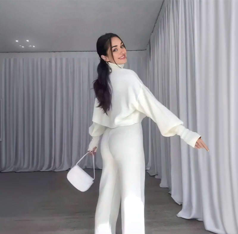 High-neck cropped sweater and high-waisted pants knit set