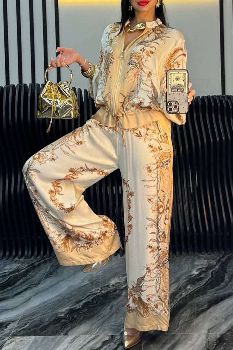 Women's Satin Zipper Printed Casual Suit - MYSTERYBOXS