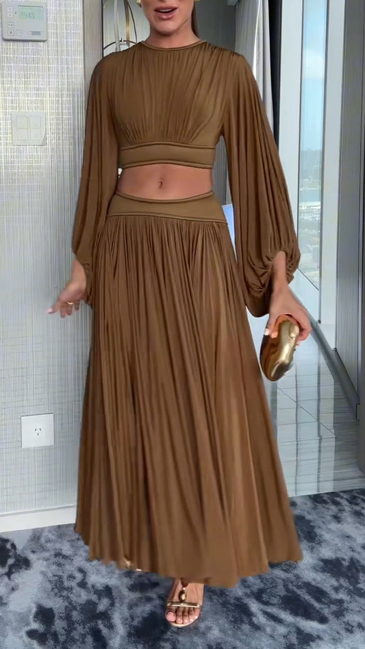 Ladies' Round Neck Pleated Short Top+skirt Elegant Casual Set - MYSTERYBOXS