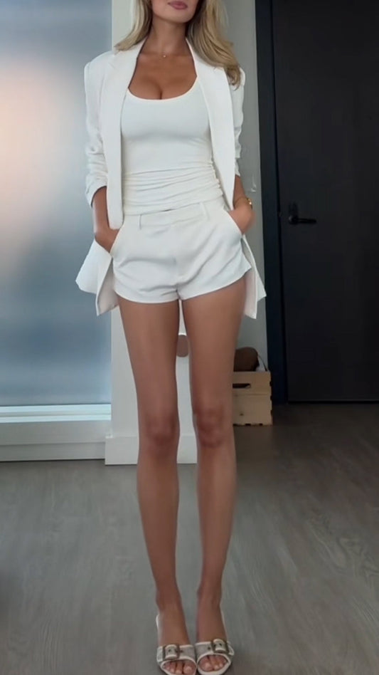 Ladies' Collar Suit Jacket+ Shorts Solid Color Casual Suit - MYSTERYBOXS