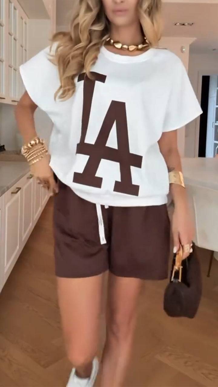 Ladies' Round Neck Printed Letter Top+ Shorts Casual Set - MYSTERYBOXS