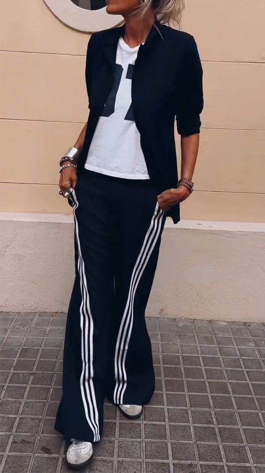Ladies' Solid Color Jacket+ Vertical Striped Pants Casual Temperament Set - MYSTERYBOXS
