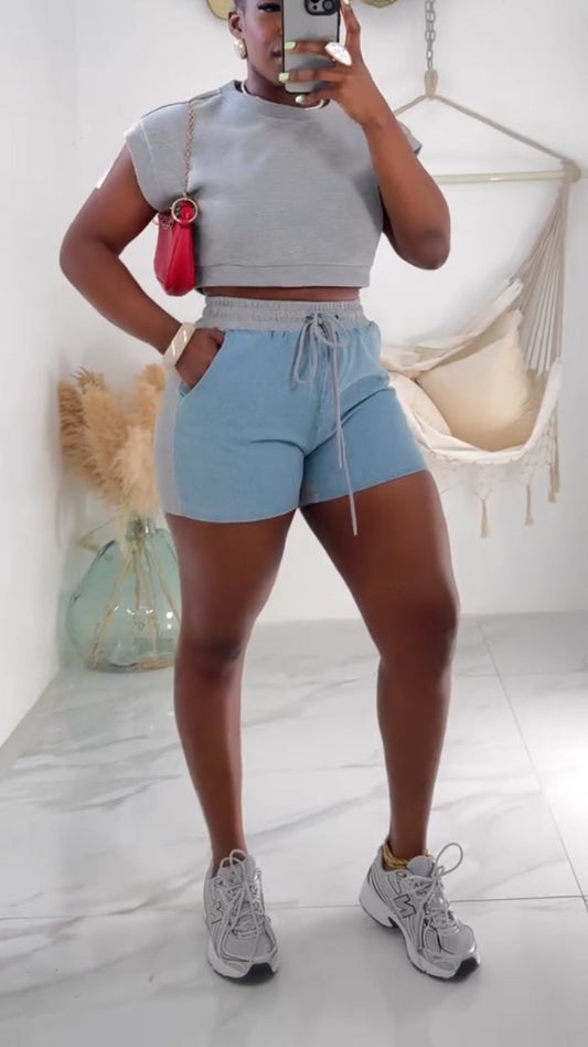 Women's Round Neck Short Top+ Spliced Shorts Casual Set - MYSTERYBOXS