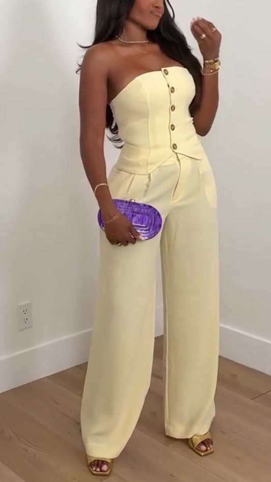 Ladies' Strapless Button Up Top + Pants Casual Temperament Set - MYSTERYBOXS