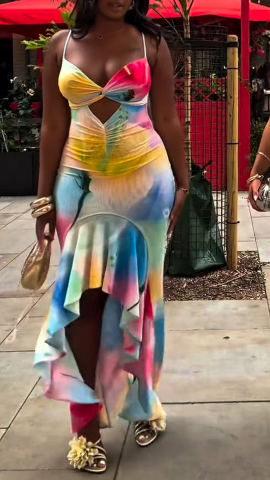 Women's Suspender Patchwork Irregular Hollow Out Dyed Casual Dress - MYSTERYBOXS