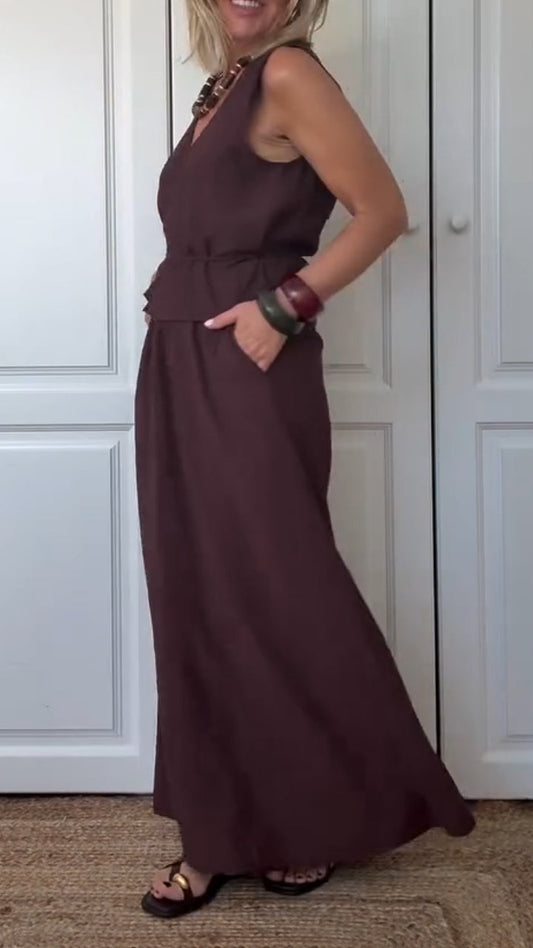 Ladies' V-neck Solid Color Top+ Skirt Casual Set - MYSTERYBOXS