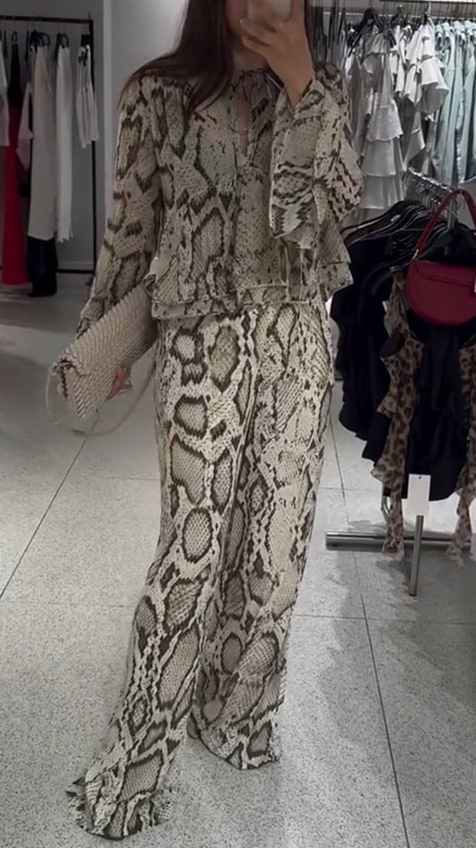 Women's V-neck Chiffon Snake Print Casual Suit - MYSTERYBOXS