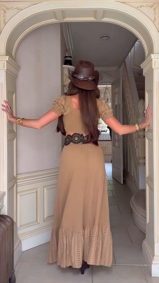 Women's Spring/Summer Dark Khaki Vacation Boho Nomadic Ultra-cropped Top Slit Long Skirt Two-piece Set - MYSTERYBOXS