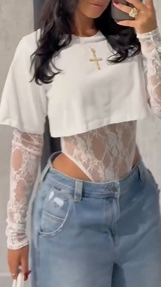 Hot Sale🔥Women's Round Neck Solid Color Short T-shirt + Lace Jumpsuit Two-piece Set - MYSTERYBOXS