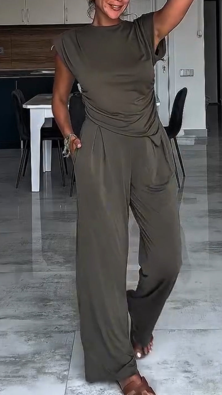 Women's Round Neck Irregular Top + Pants Casual Suit - MYSTERYBOXS