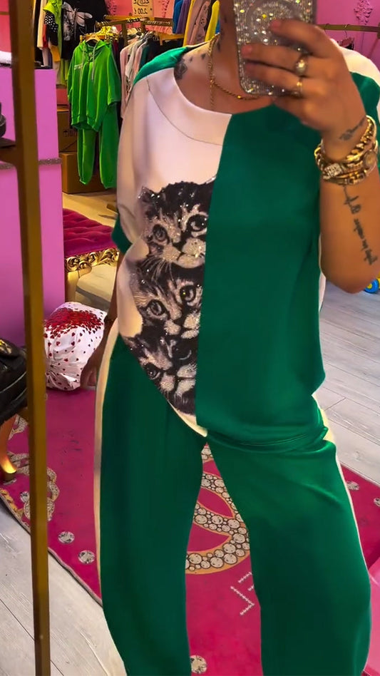 Ladies' Round Neck Contrasting Hot Stamping Printed Top+ Pants Casual Set - MYSTERYBOXS