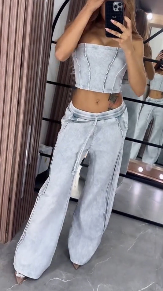 Ladies' Strapless Patchwork Top + Pants Casual Set - MYSTERYBOXS