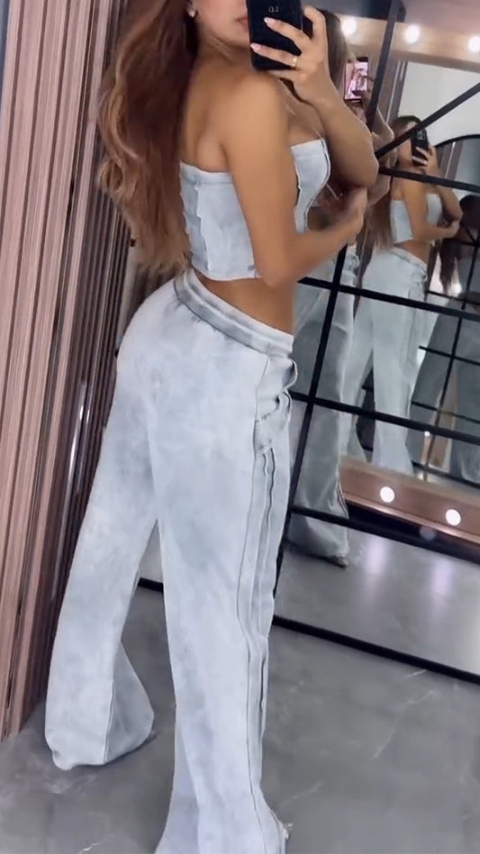 Ladies' Strapless Patchwork Top + Pants Casual Set - MYSTERYBOXS