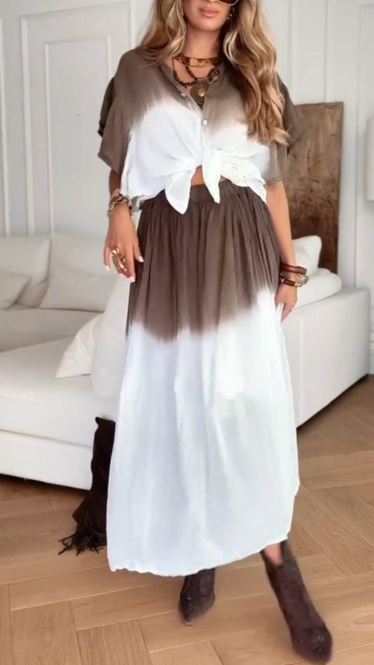 Ladies' Round Neck Breasted Gradient Contrasting Top+ Half Skirt Casual Suit - MYSTERYBOXS