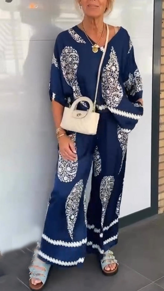Women's V-neck Printed Top + Pants Loose Casual Suit - MYSTERYBOXS