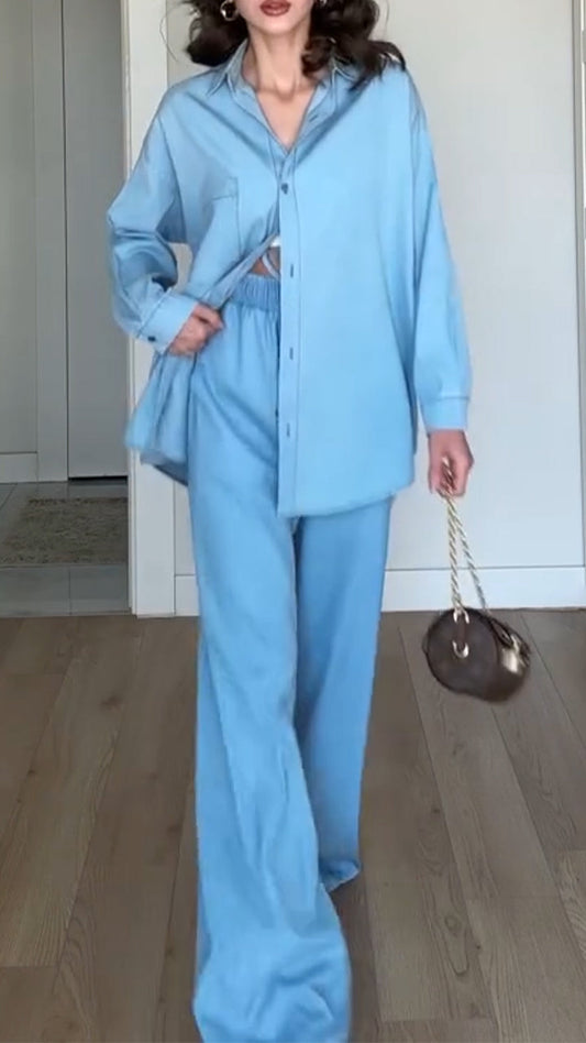 Ladies' Collar Solid Color Top+ Pants with A Casual Temperament Suit - MYSTERYBOXS
