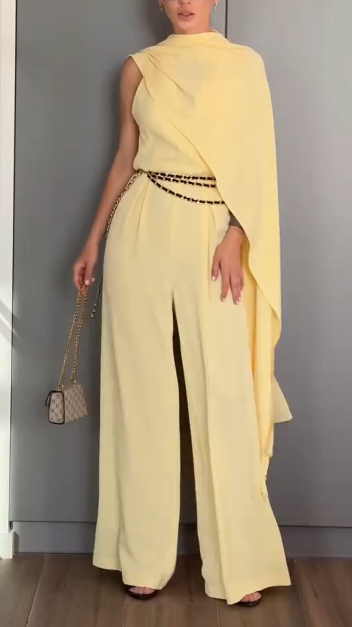 Ladies' Hanging Neck Solid Color Jumpsuit+ Shawl Casual Temperament Suit - MYSTERYBOXS