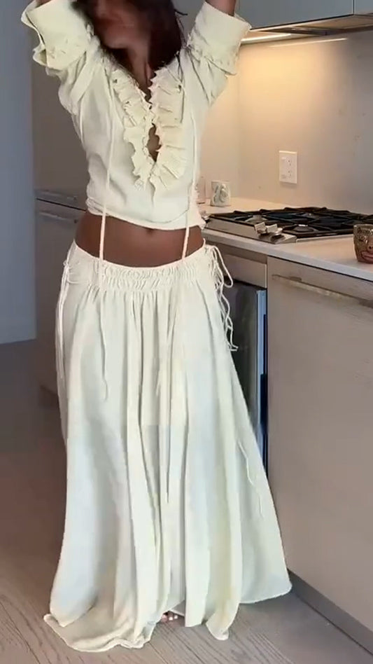 Ladies' V-neck Patchwork Drawstring Top+ Skirt Casual Set - MYSTERYBOXS