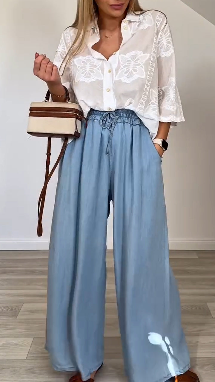 Ladies' Collar Printed Top + Pants Casual Set - MYSTERYBOXS