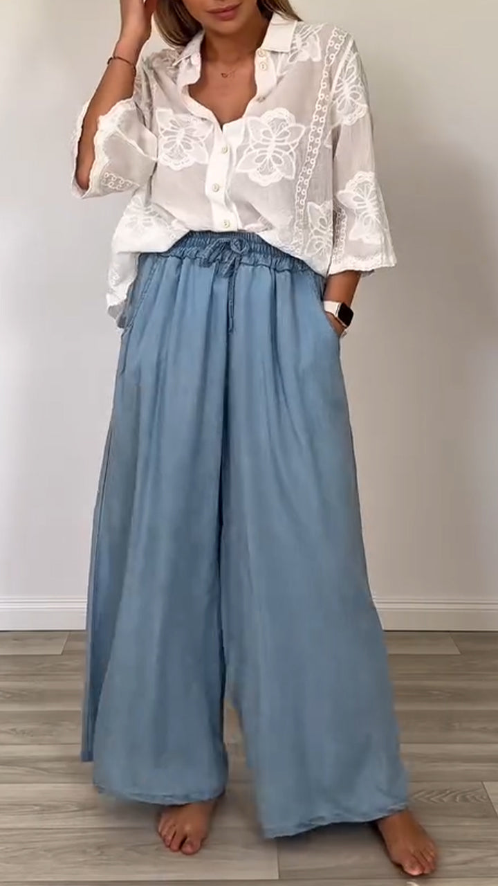 Ladies' Collar Printed Top + Pants Casual Set - MYSTERYBOXS