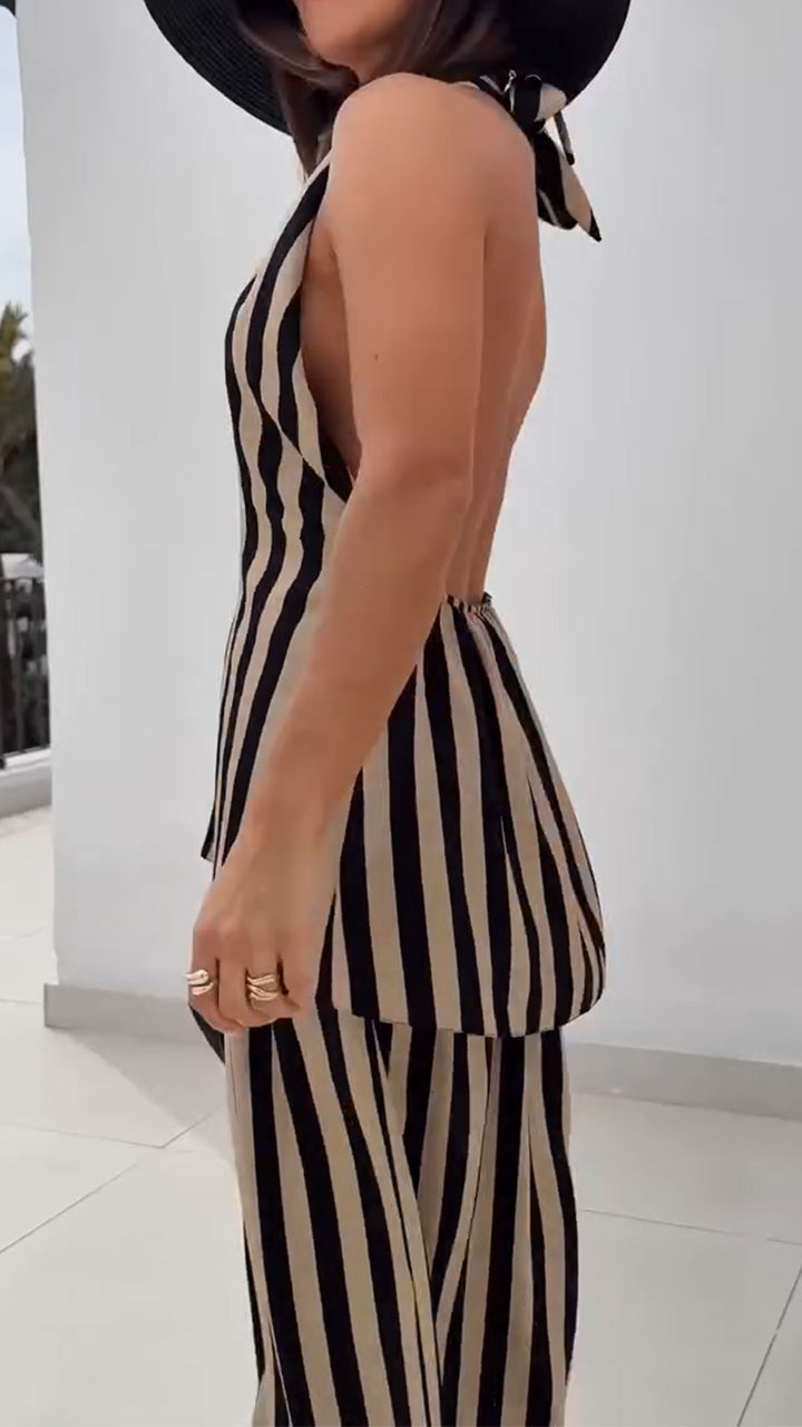 Women's V-neck Vertical Stripe Hanging Neck Top+ Pants Casual Suit - MYSTERYBOXS