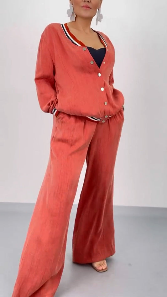 Ladies' Round Neck Patchwork Striped Breasted Top+ Pants Casual Set - MYSTERYBOXS