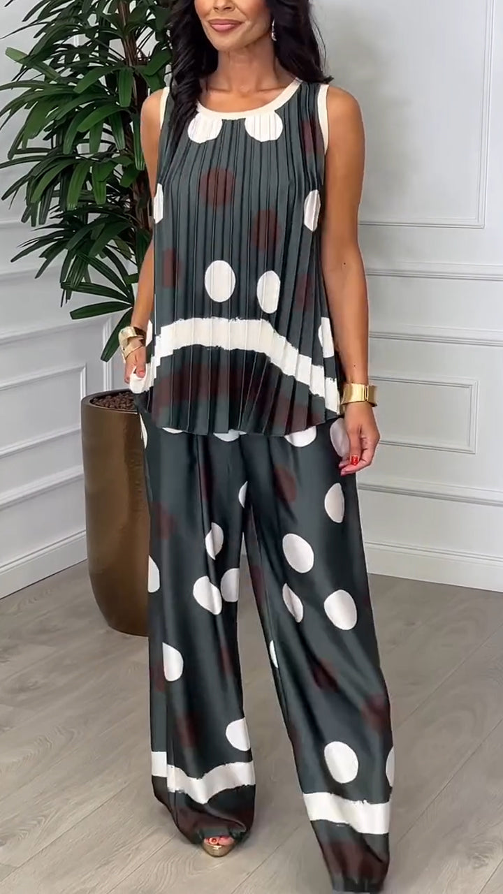 Ladies' Round Neck Polka Dot Pleated Top+ Pants Leisure Suit - MYSTERYBOXS