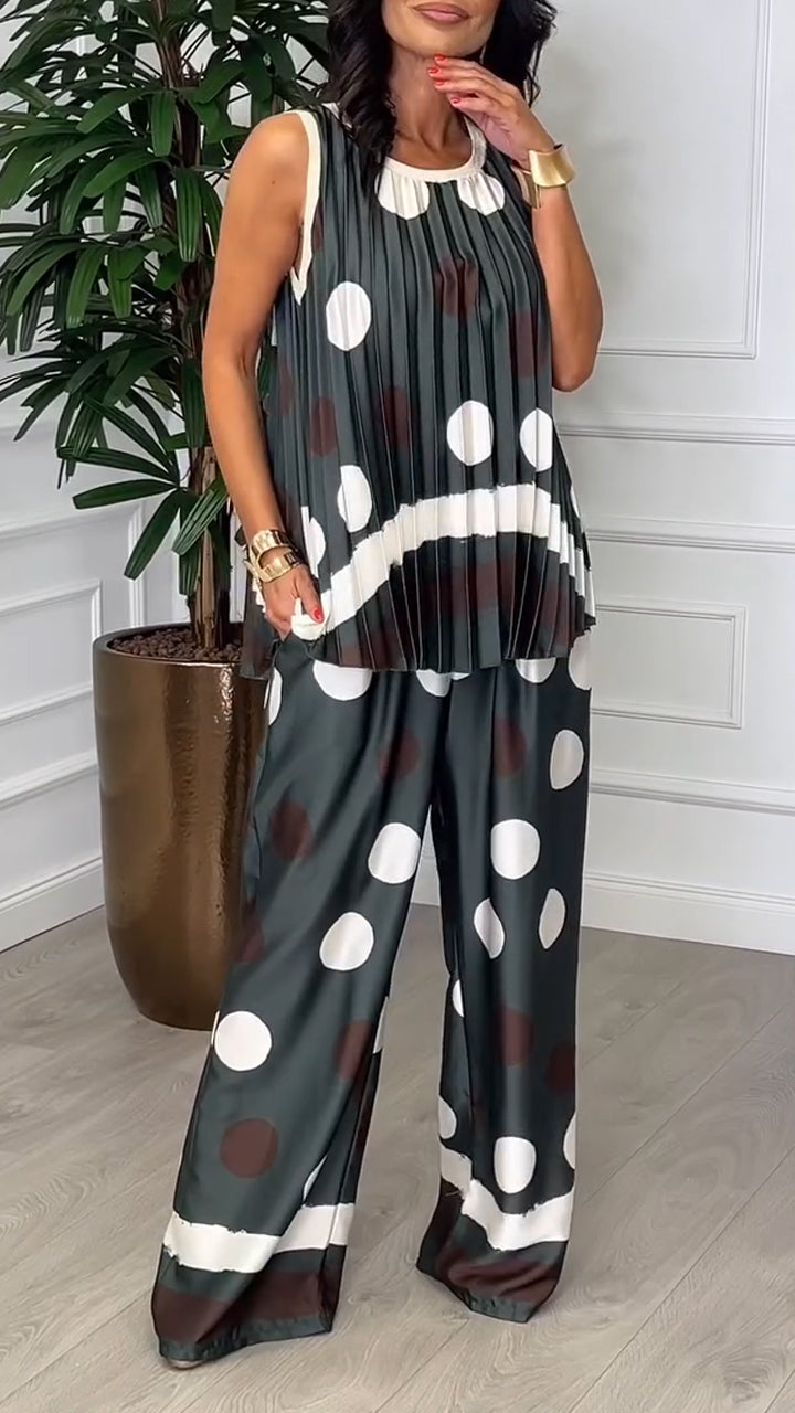 Ladies' Round Neck Polka Dot Pleated Top+ Pants Leisure Suit - MYSTERYBOXS