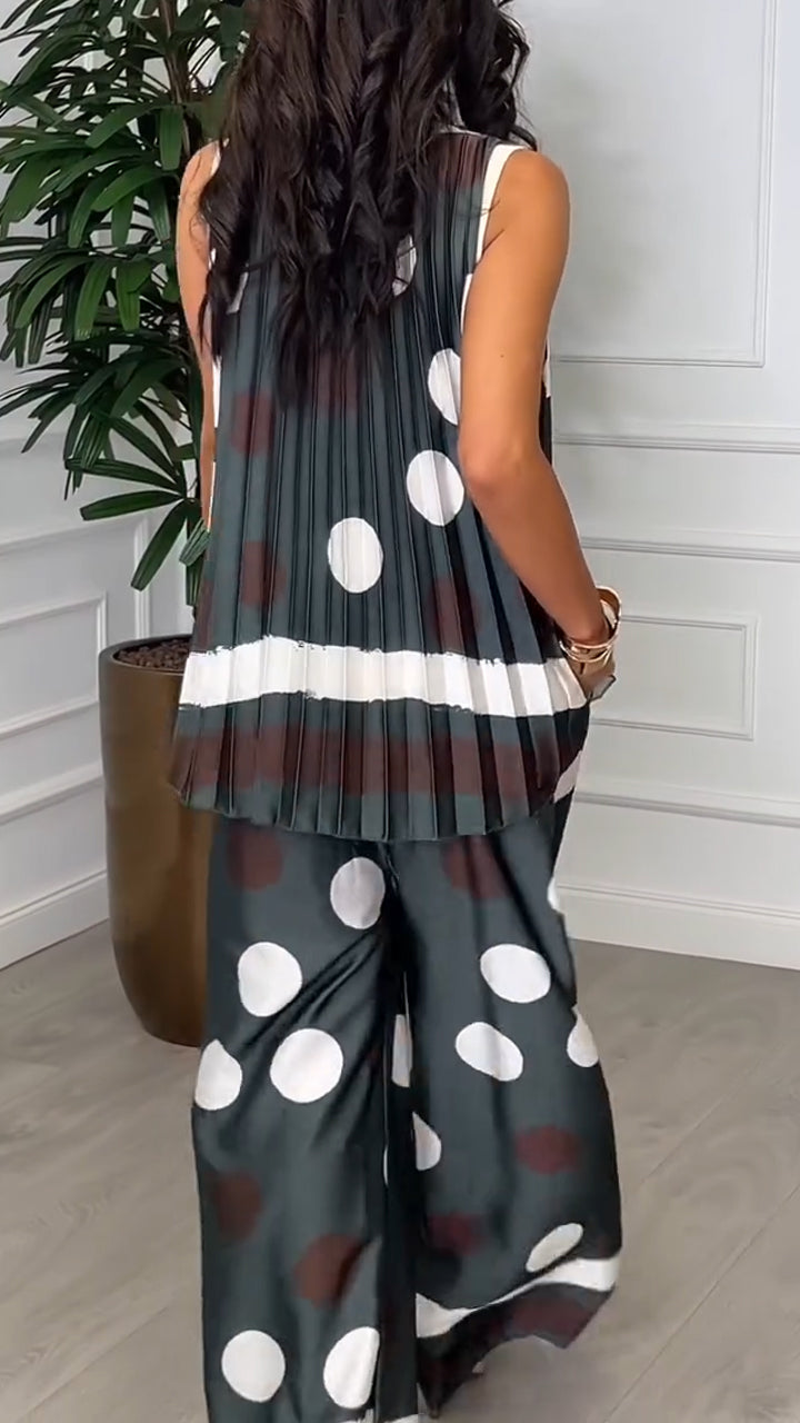 Ladies' Round Neck Polka Dot Pleated Top+ Pants Leisure Suit - MYSTERYBOXS