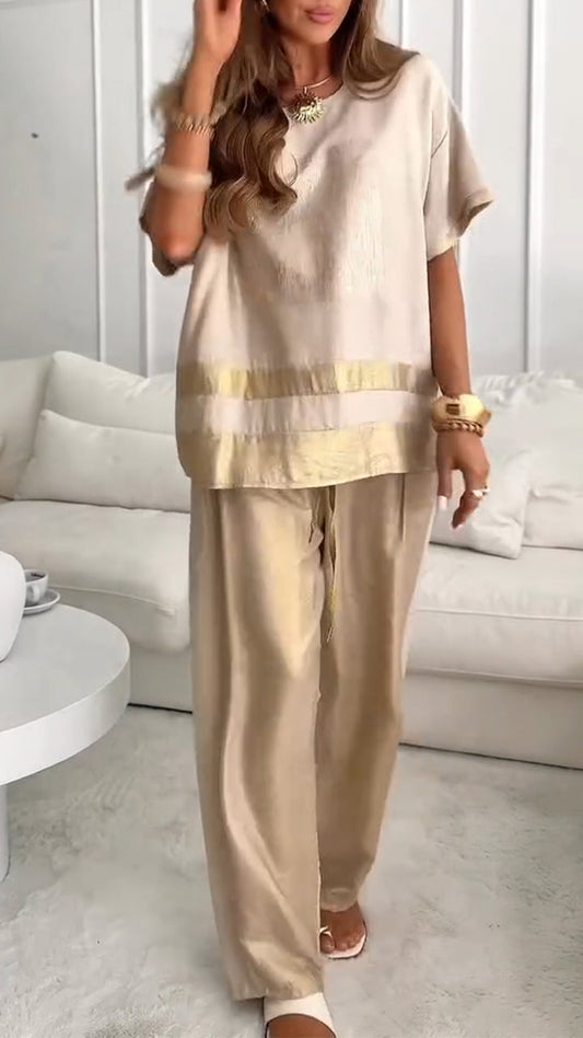 Women's Round Neck Stitching Gold-stamping Casual Suit - MYSTERYBOXS