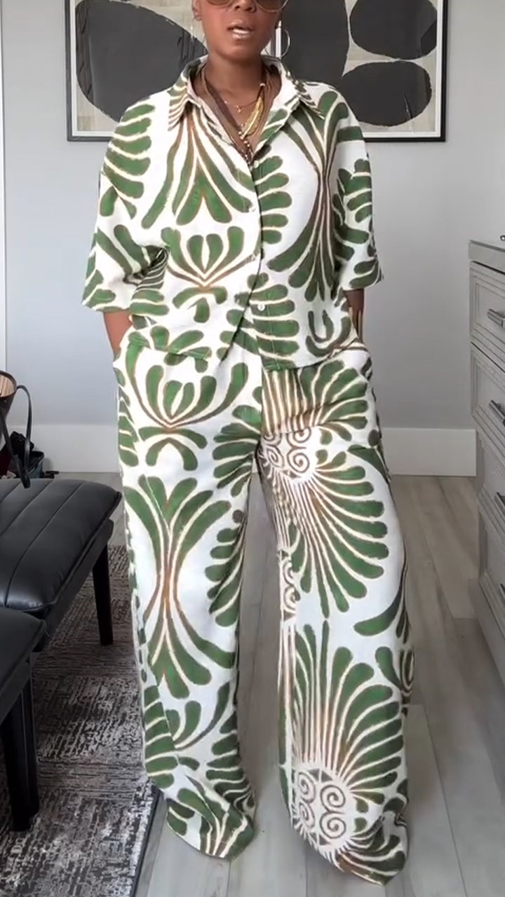 Ladies' Collar Printed Top + Pants Casual Set - MYSTERYBOXS