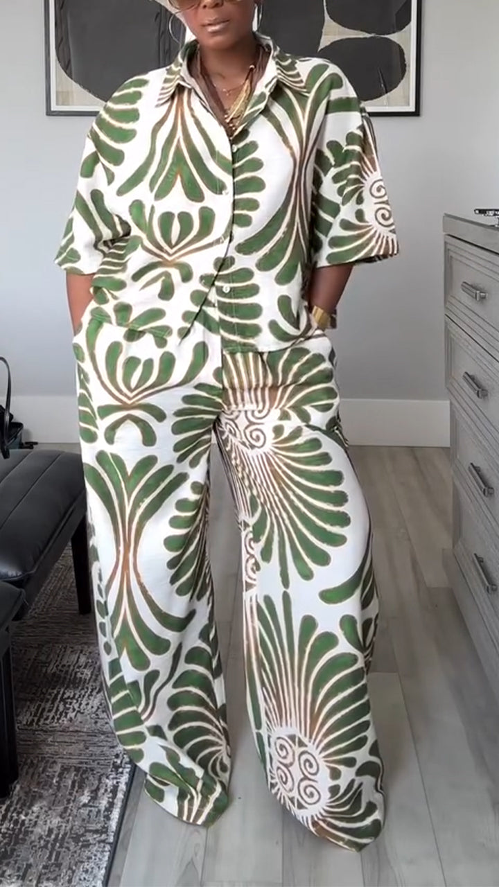 Ladies' Collar Printed Top + Pants Casual Set - MYSTERYBOXS