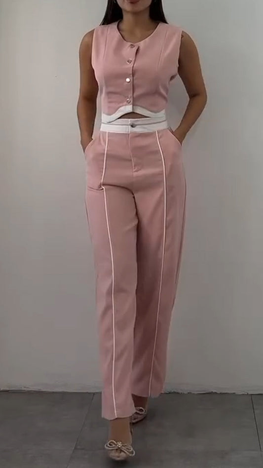 Ladies' Round Neck Short Top+ Pants with A Casual Temperament Suit - MYSTERYBOXS