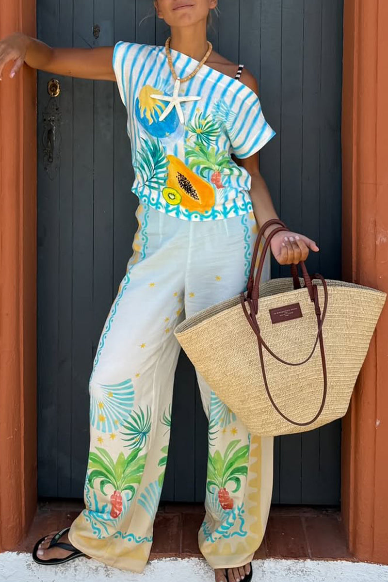 Ladies' One Word Collar Printed Top + Pants Vacation Play Style Casual Set - MYSTERYBOXS
