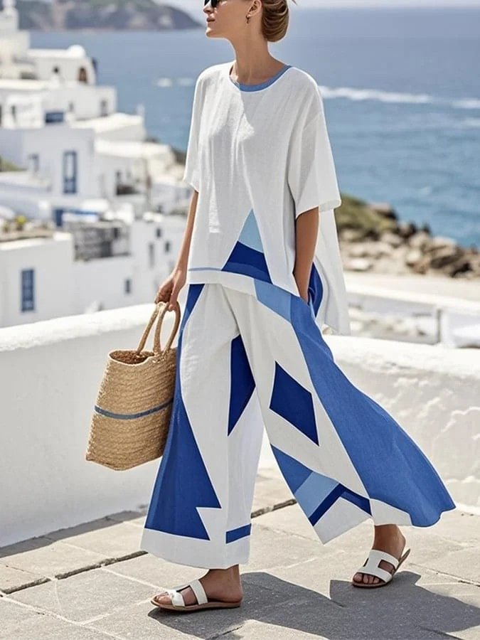 Ladies' Round Neck Geometric Print Casual Set - MYSTERYBOXS