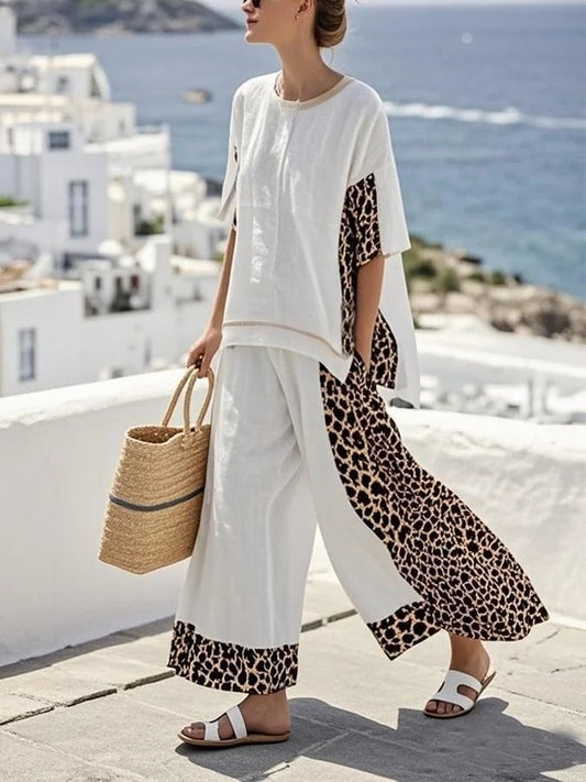 Ladies' Round Neck Leopard Print Loose Casual Suit - MYSTERYBOXS