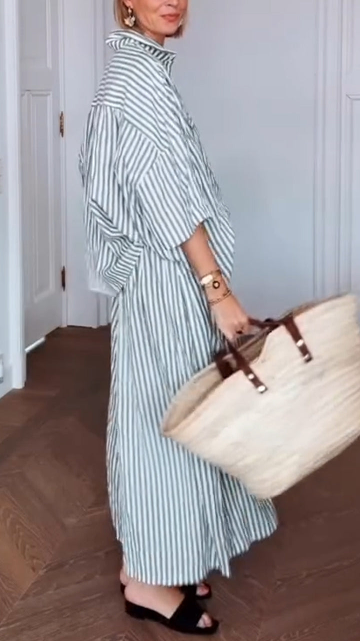 Ladies' Collar Vertical Striped Shirt+ Pants Casual Set - MYSTERYBOXS