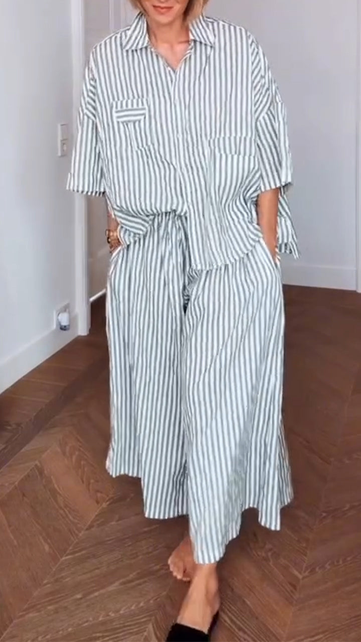 Ladies' Collar Vertical Striped Shirt+ Pants Casual Set - MYSTERYBOXS