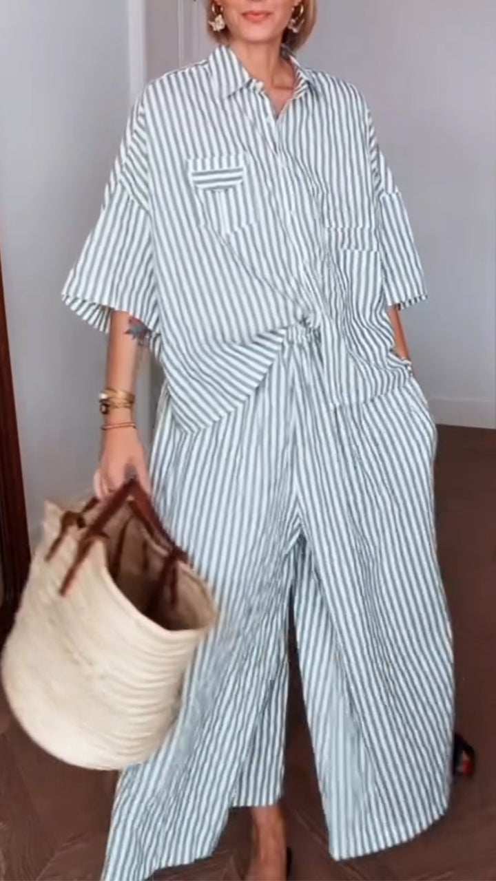 Ladies' Collar Vertical Striped Shirt+ Pants Casual Set - MYSTERYBOXS