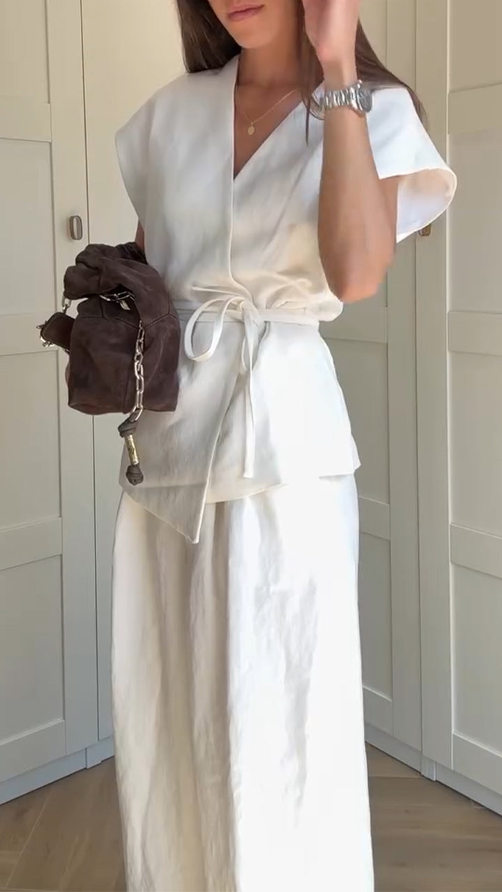 Ladies' V-neck Waist Cinched Top+ Pants Solid Color Temperament Casual Suit - MYSTERYBOXS