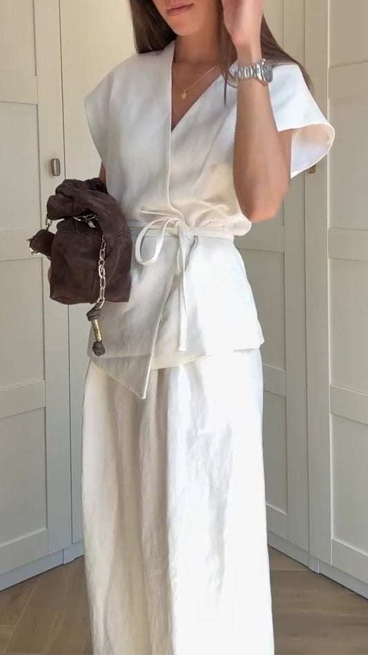 Ladies' V-neck Waist Cinched Top+ Pants Solid Color Temperament Casual Suit - MYSTERYBOXS