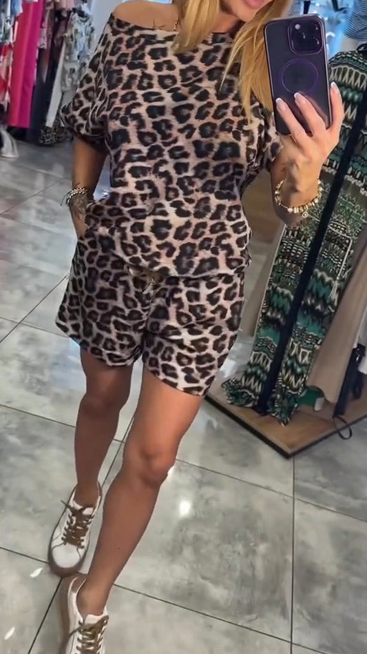 Ladies' Slanted Neck Leopard Print Top+ Shorts Casual Set - MYSTERYBOXS