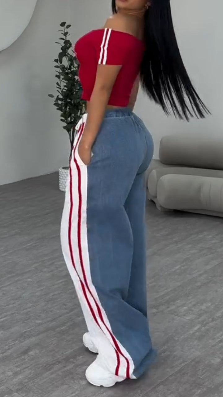 Ladies' One Word Collar Printed Letter Top+ Vertical Pattern Splicing Pants Casual Set - MYSTERYBOXS